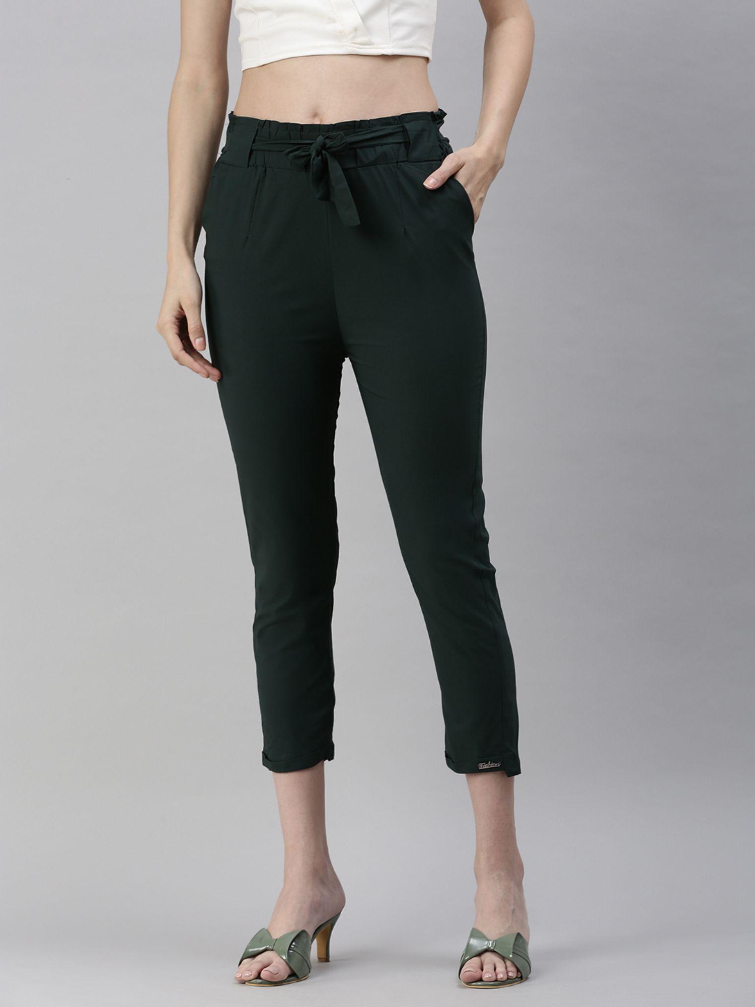 womens regular fit olive solid regular trousers