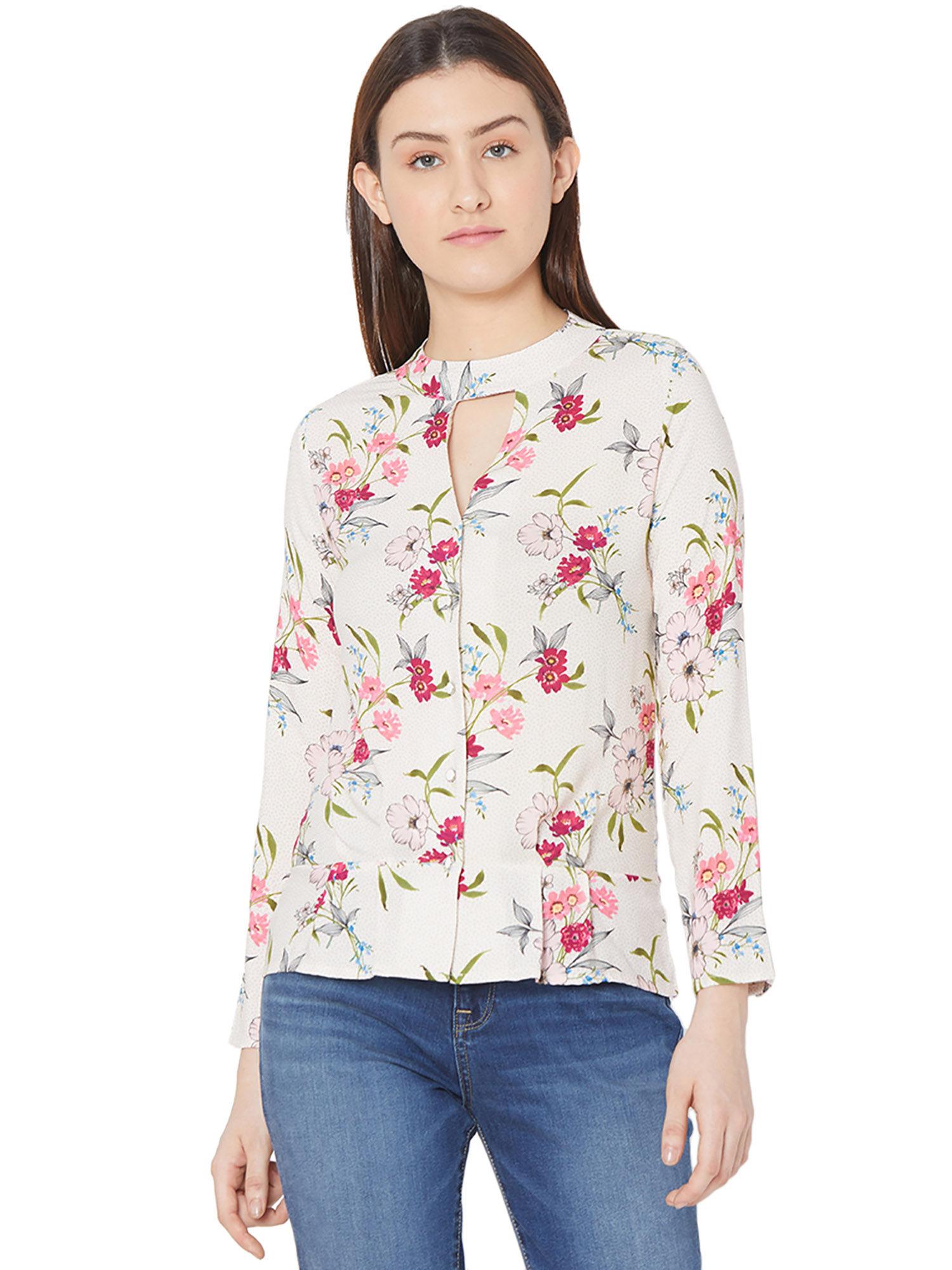 womens regular fit printed ecru top