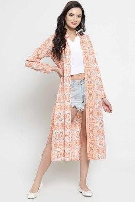 womens regular fit printed mandarin longline shrug - orange