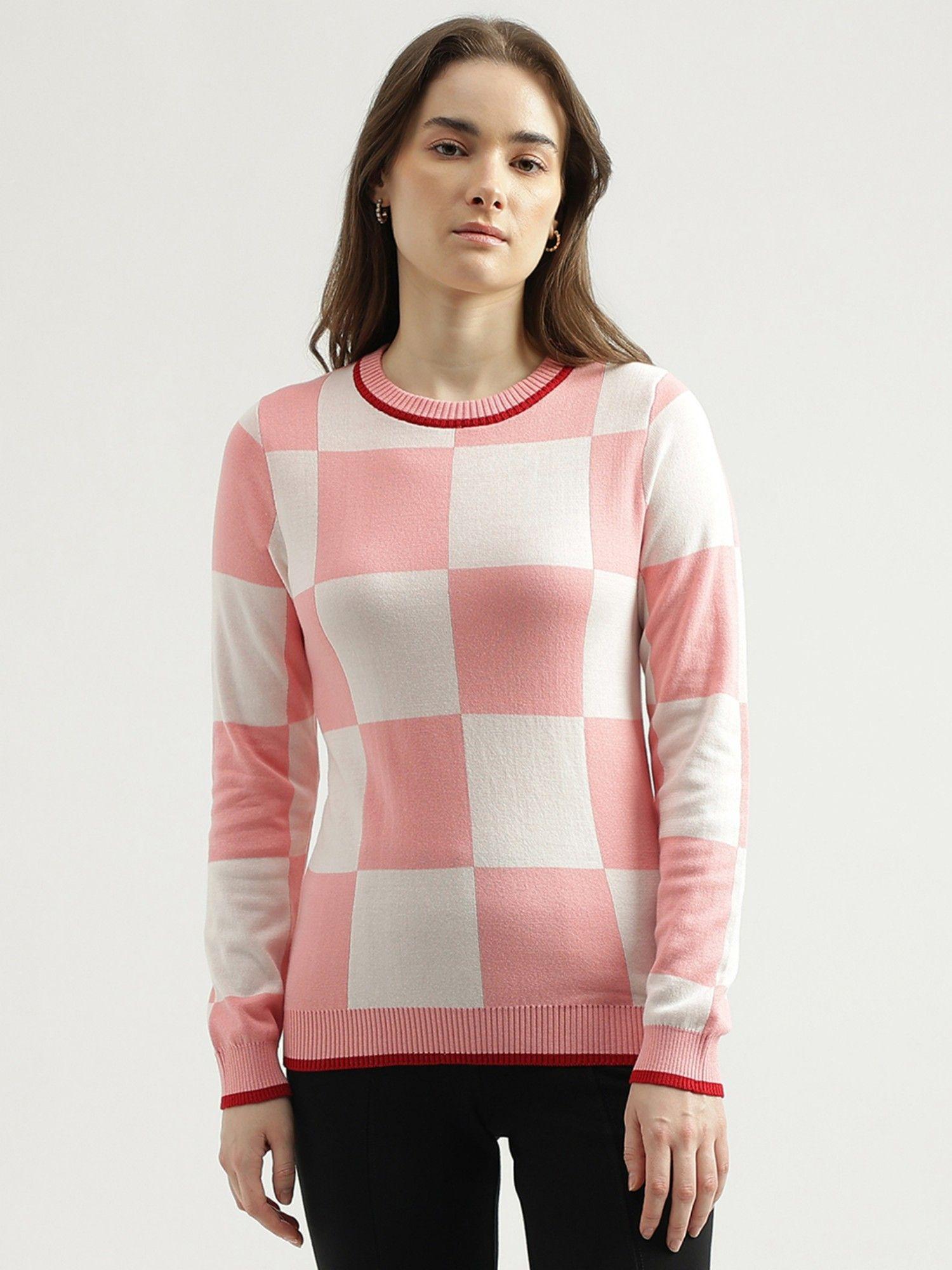 womens regular fit round neck checked sweater-pink