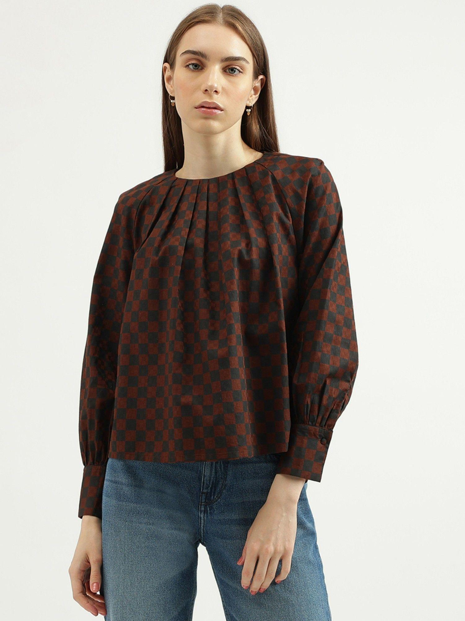 womens regular fit round neck checked top-brown