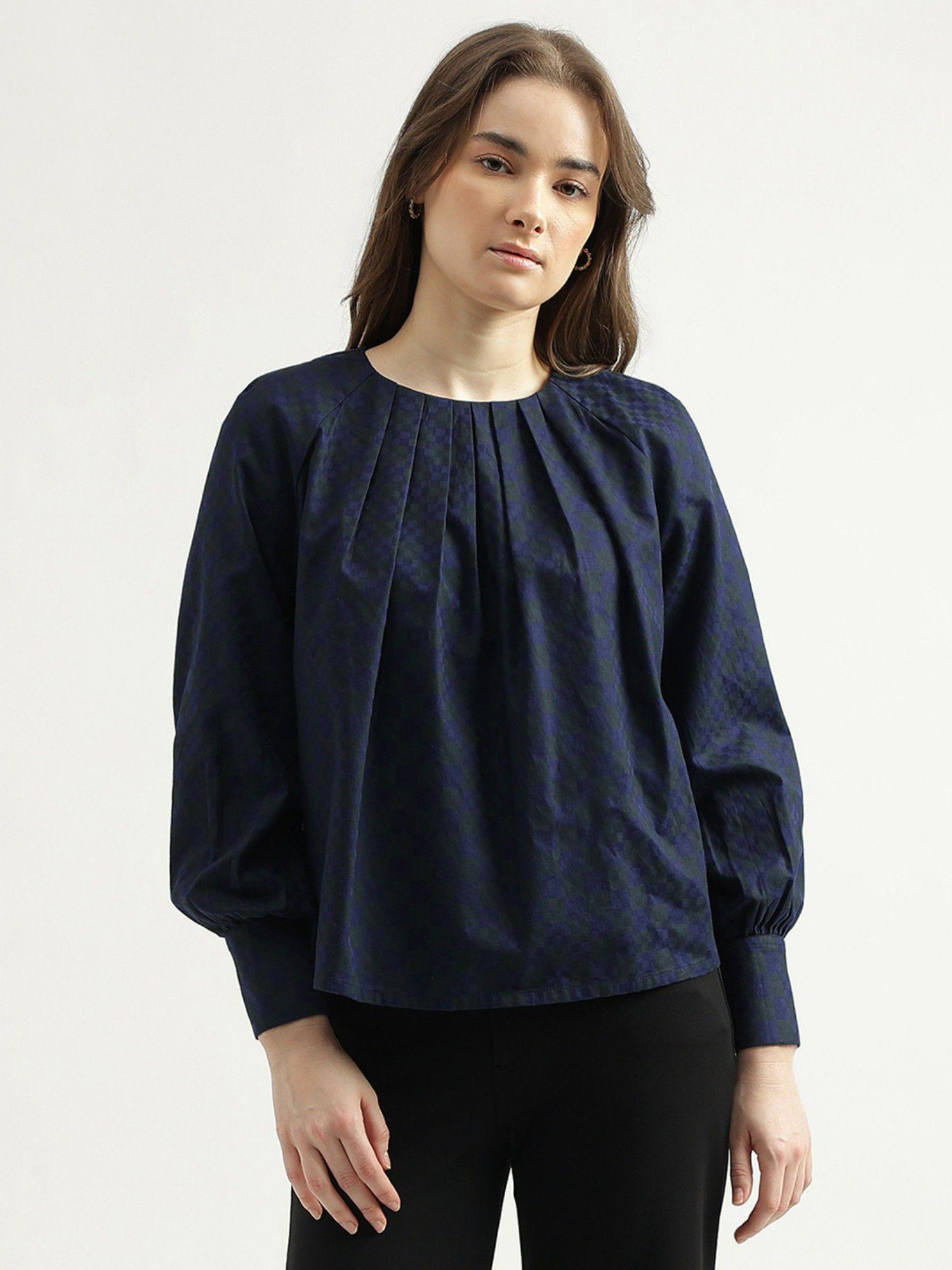 womens regular fit round neck checked top-navy blue