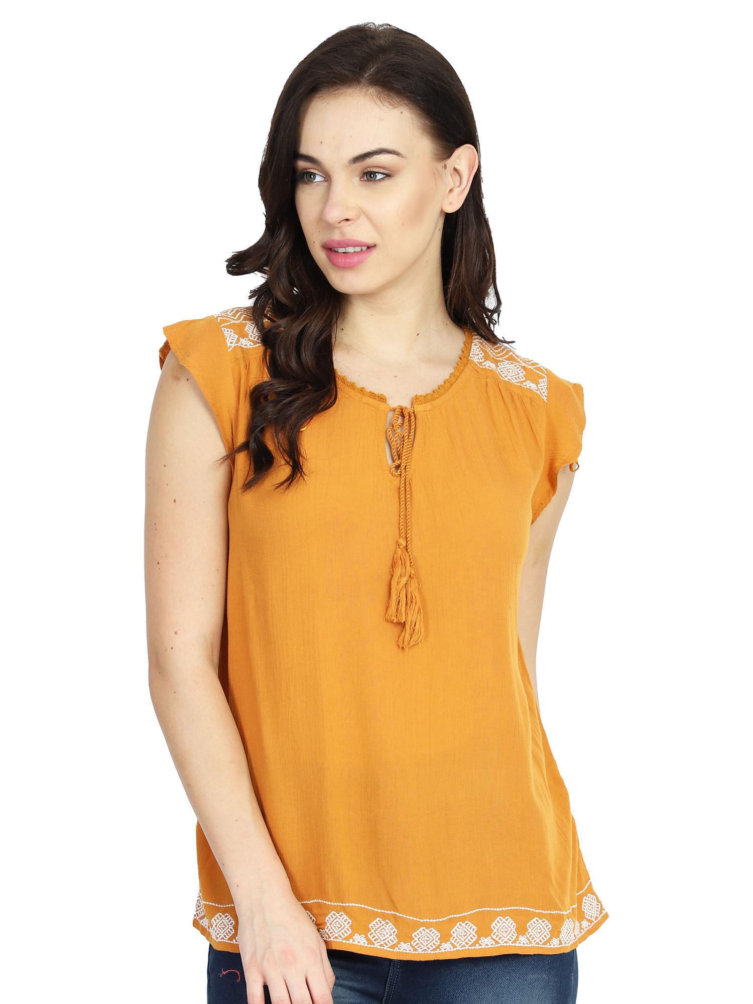 womens regular fit round neck embroidered peasant summer mustard top