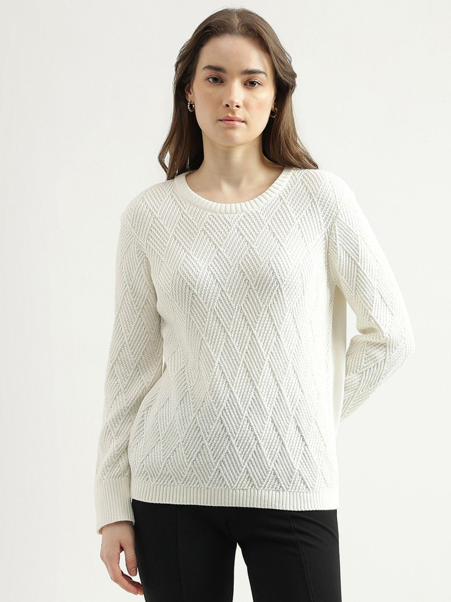 womens regular fit round neck knitted sweater-white