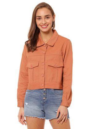 womens regular fit solid collared jacket - khaki