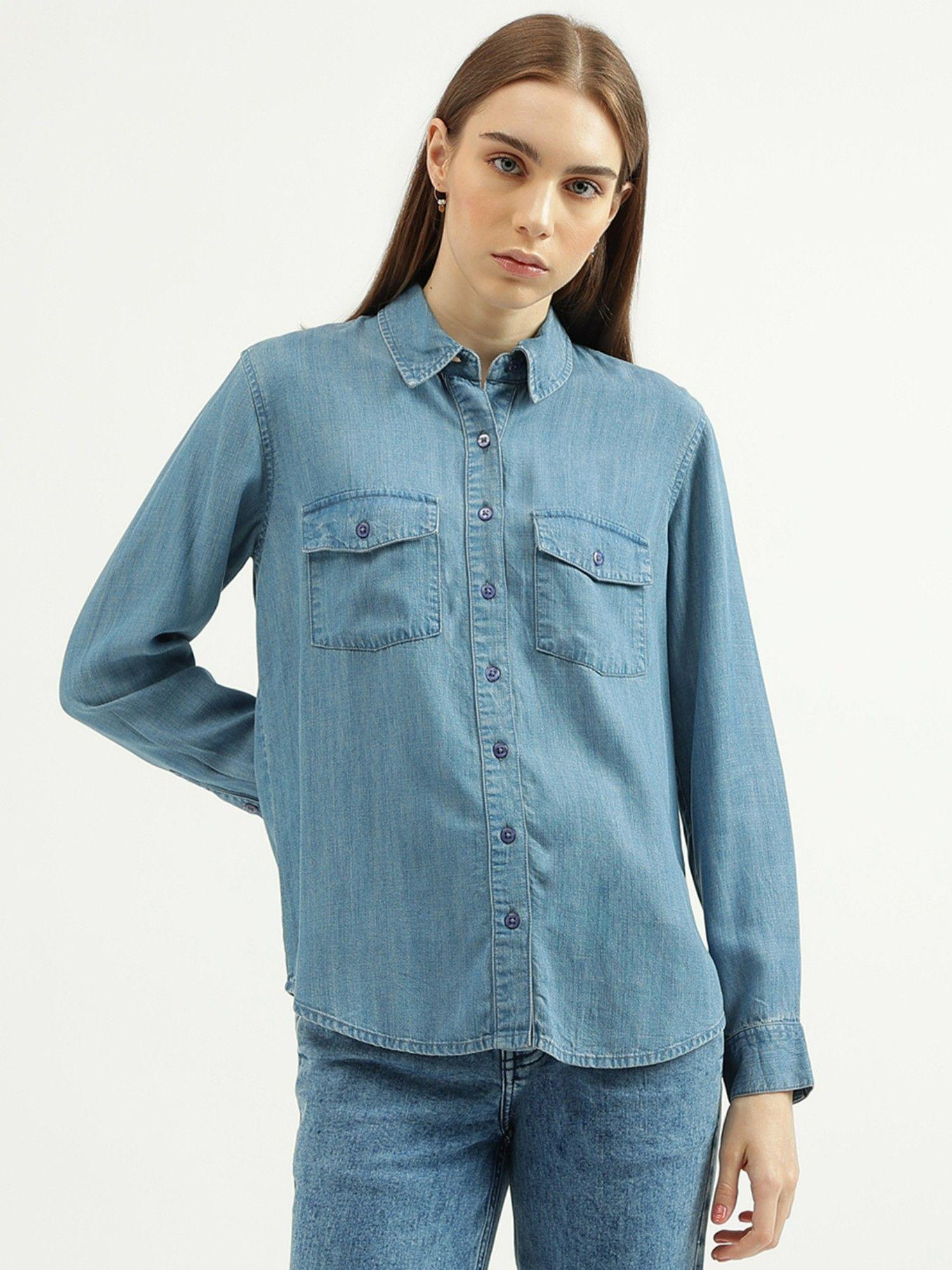 womens regular fit spread collar solid shirt-blue