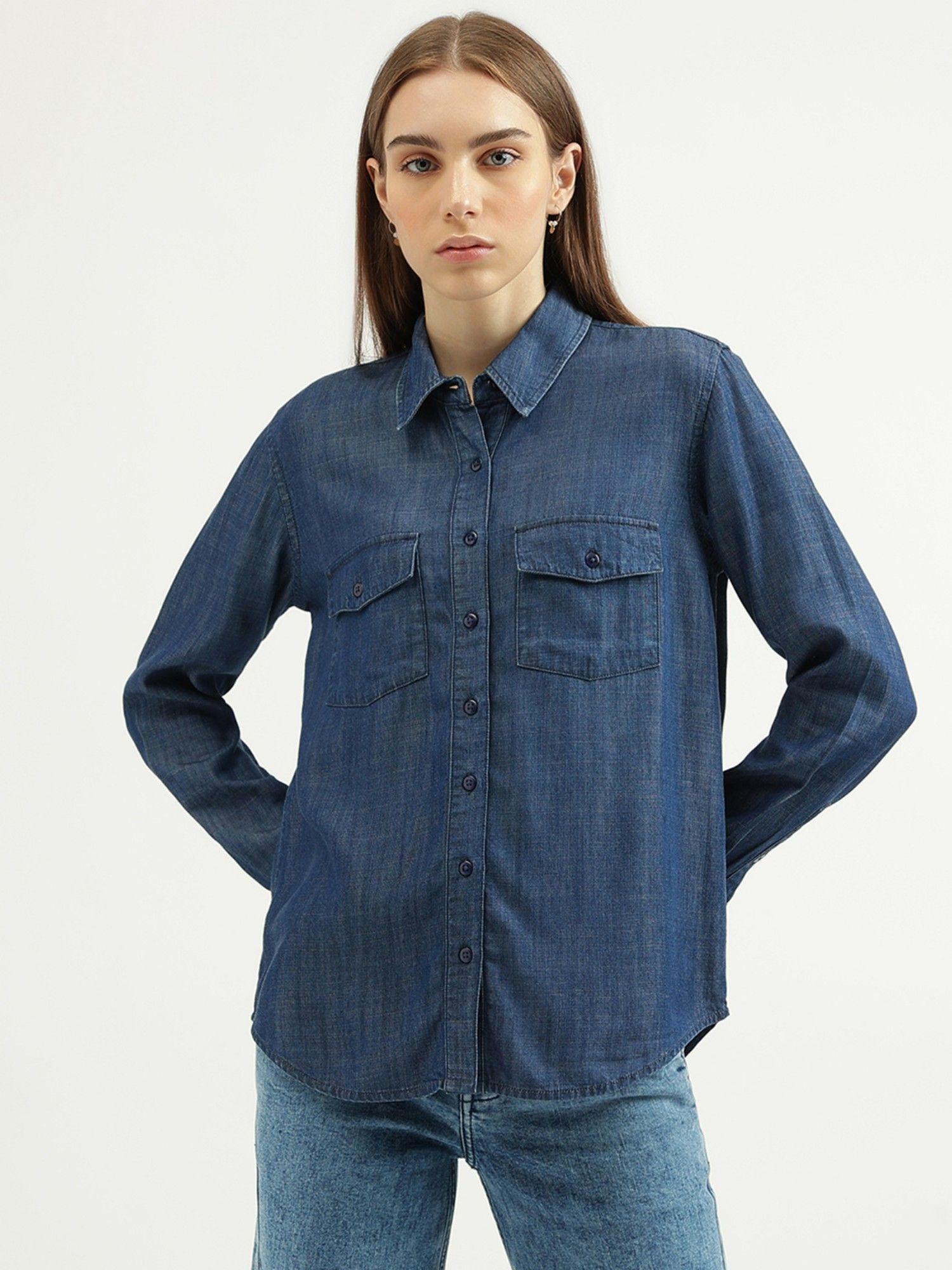 womens regular fit spread collar solid shirt-navy blue