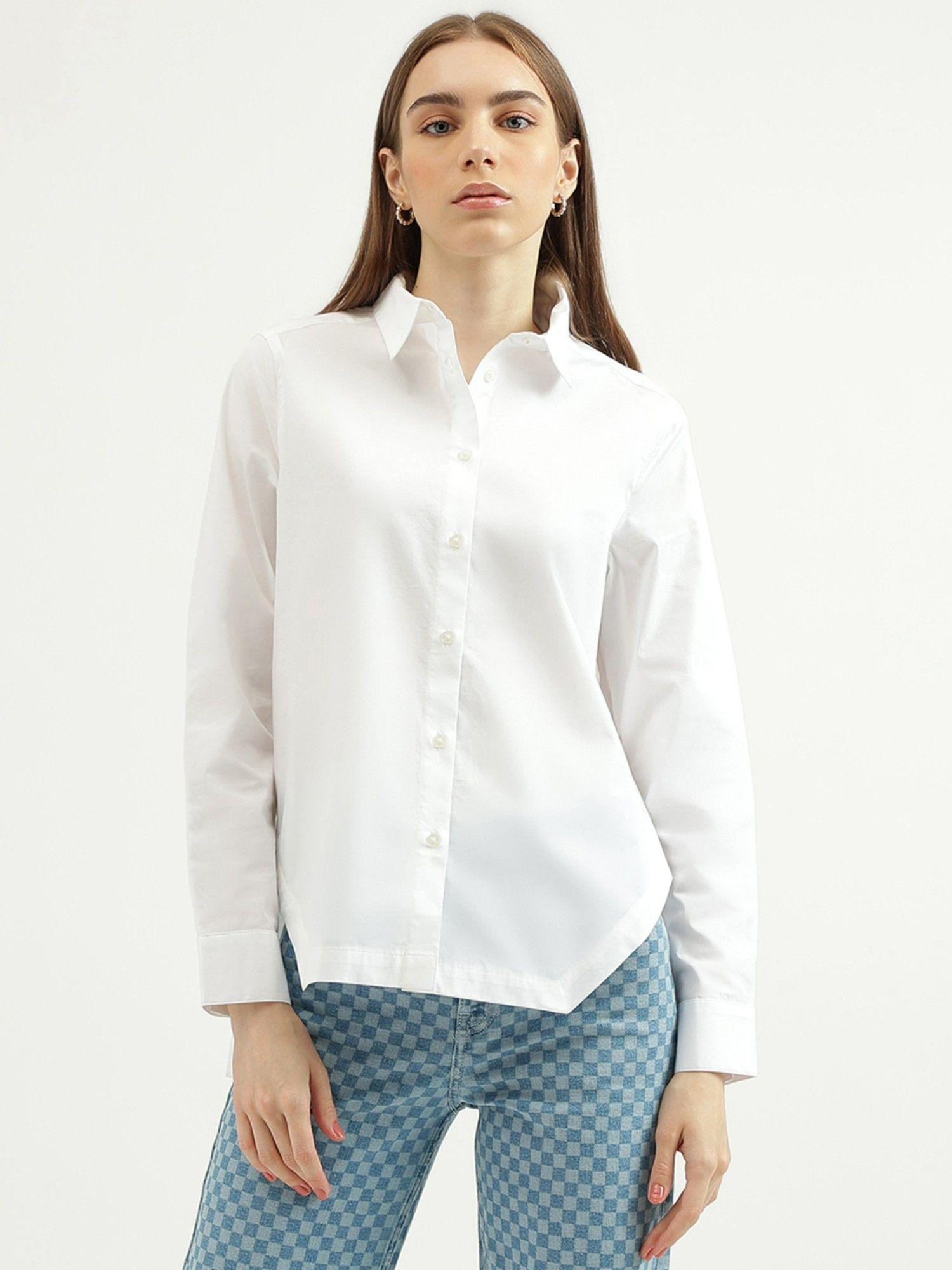 womens regular fit spread collar solid shirt-white