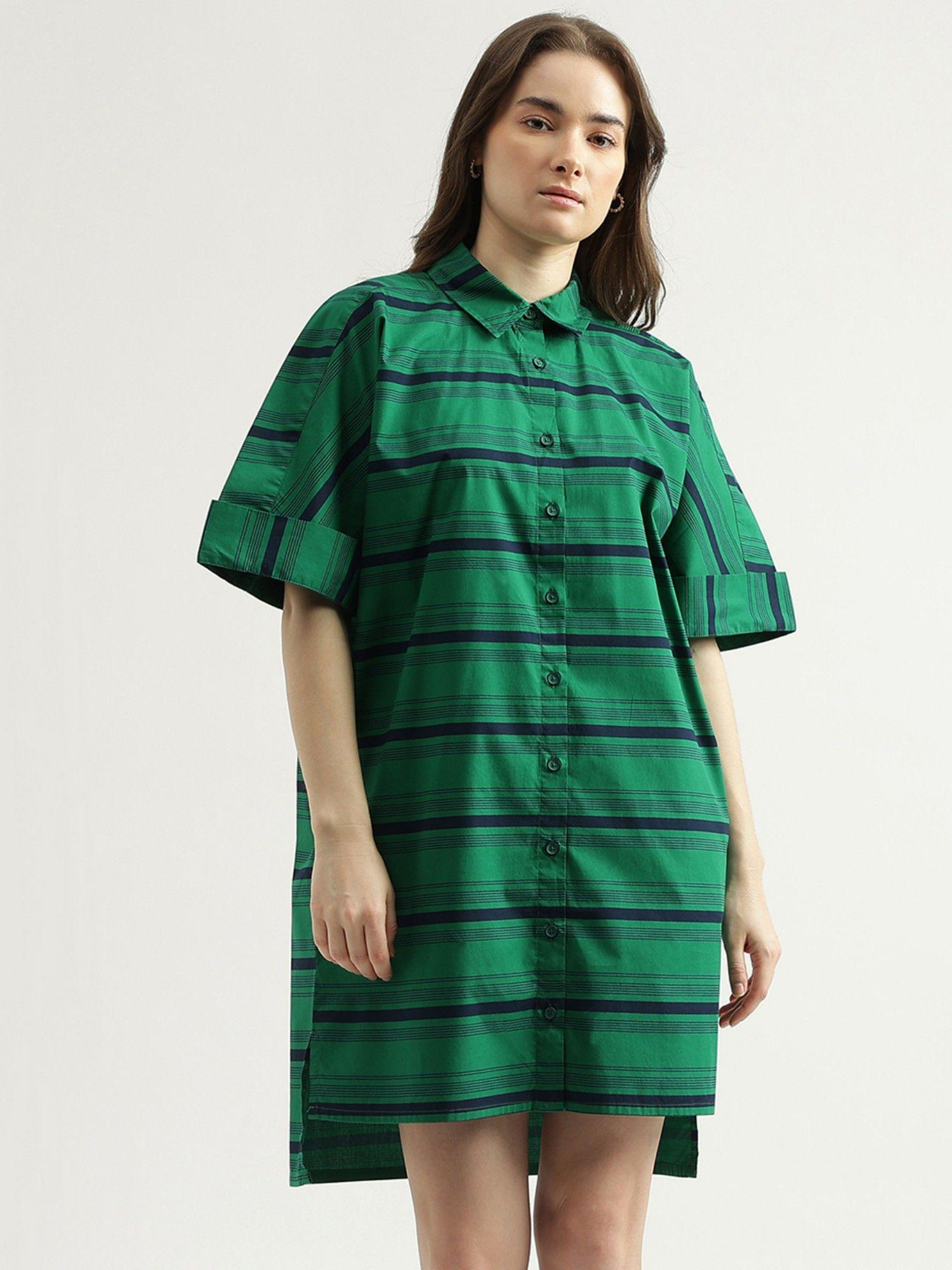 womens regular fit spread collar striped shirt dress-green