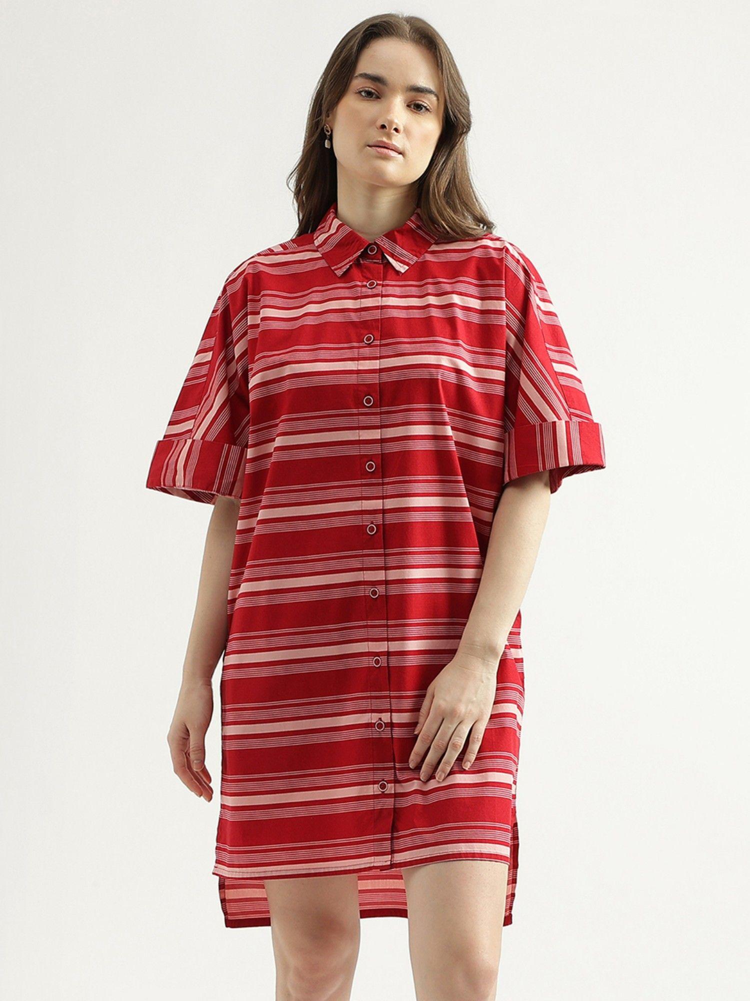 womens regular fit spread collar striped shirt dress-red