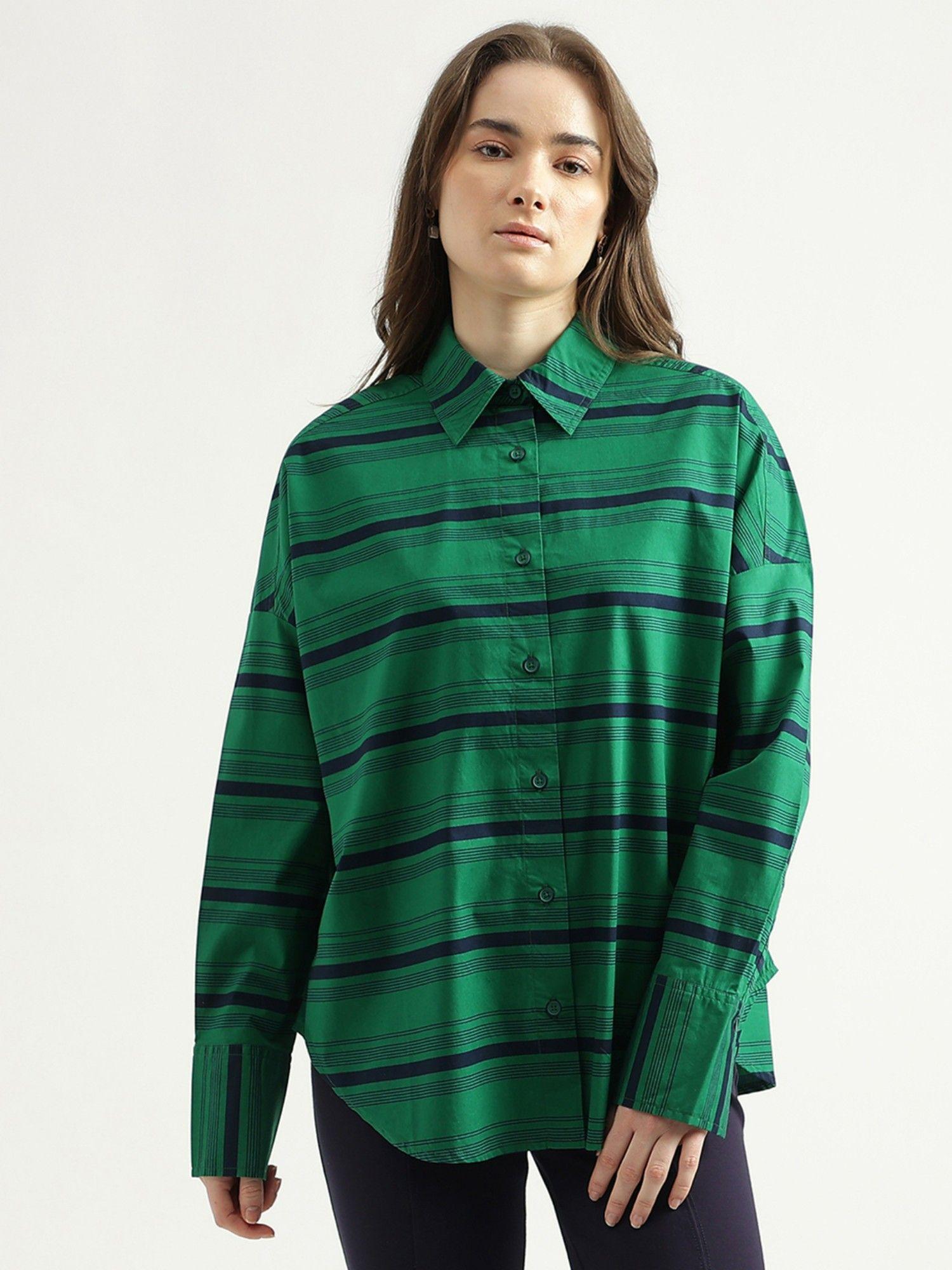 womens regular fit spread collar striped shirt-green