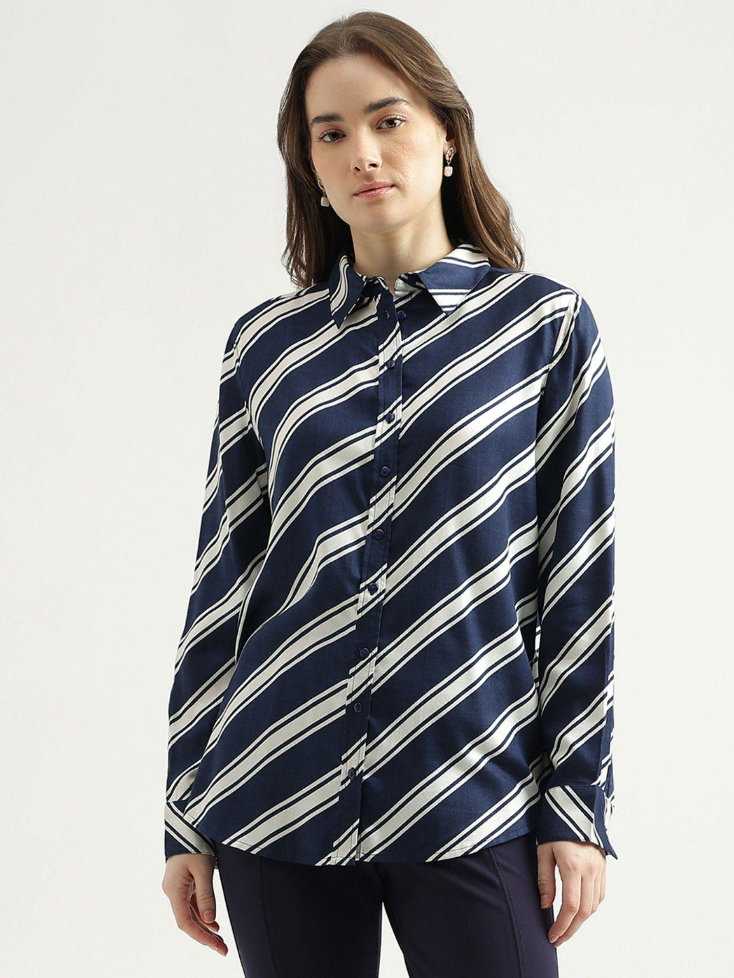 womens regular fit spread collar striped shirt-navy blue