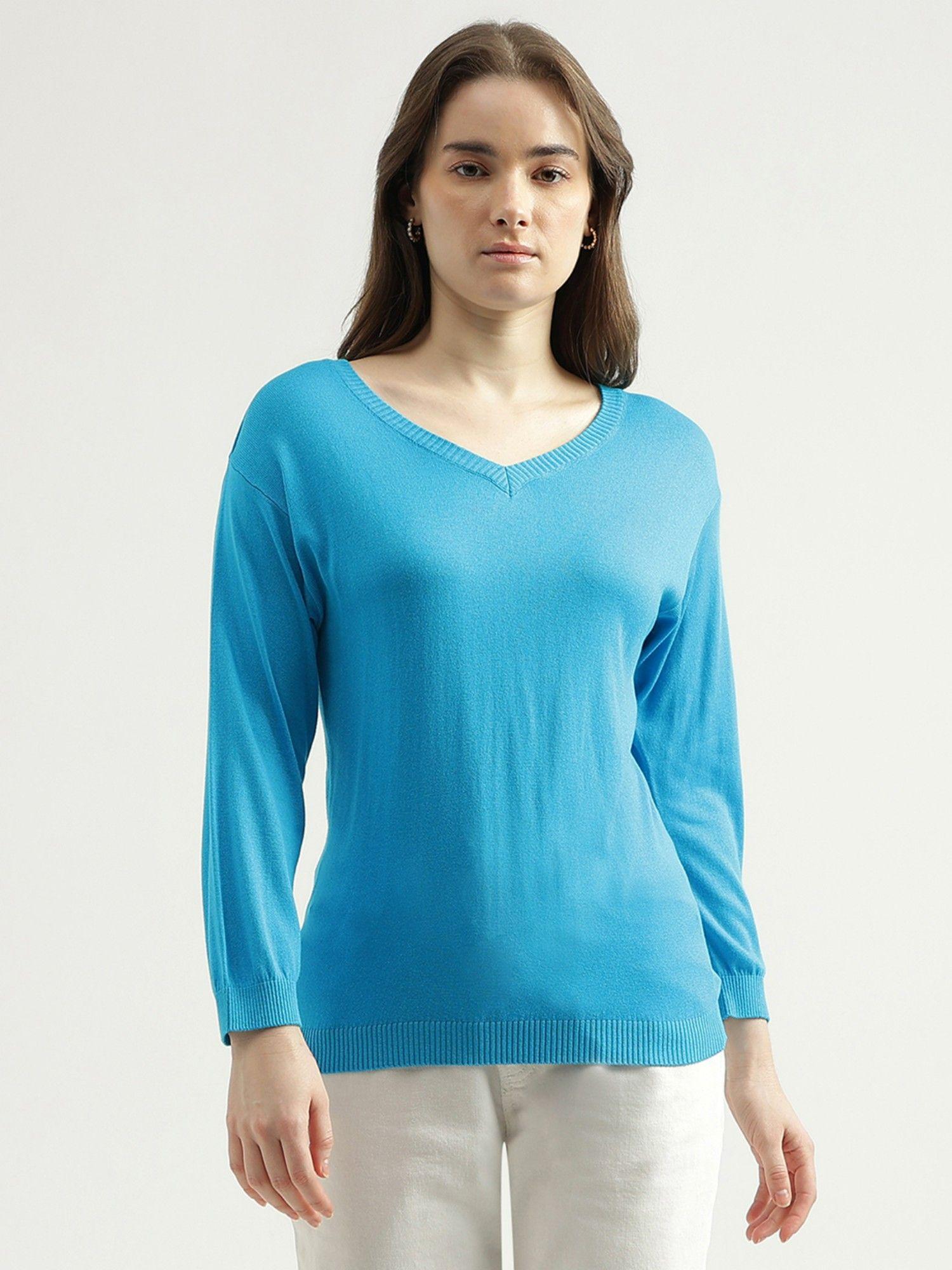 womens regular fit v neck solid sweater-blue