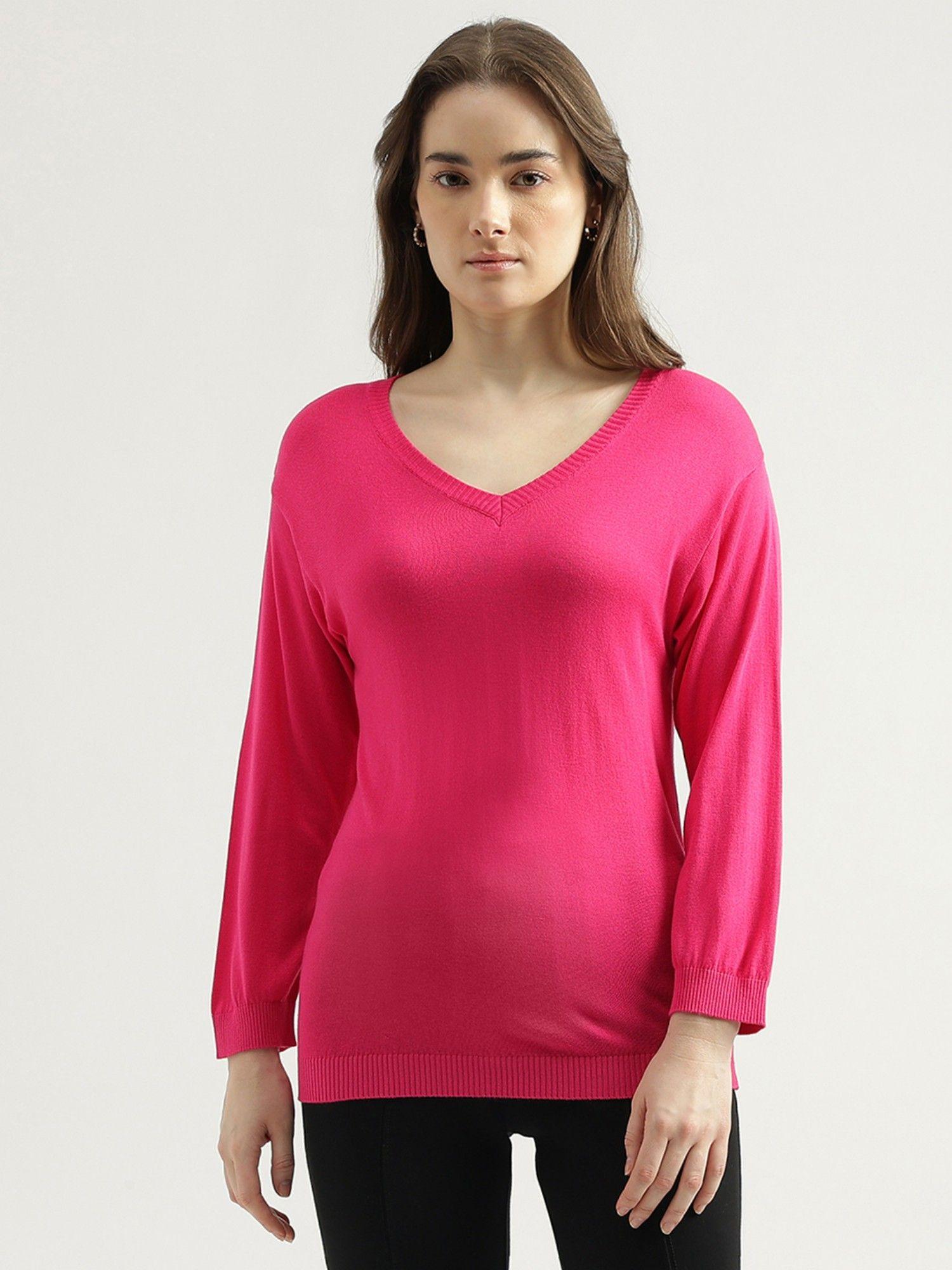 womens regular fit v neck solid sweater-pink