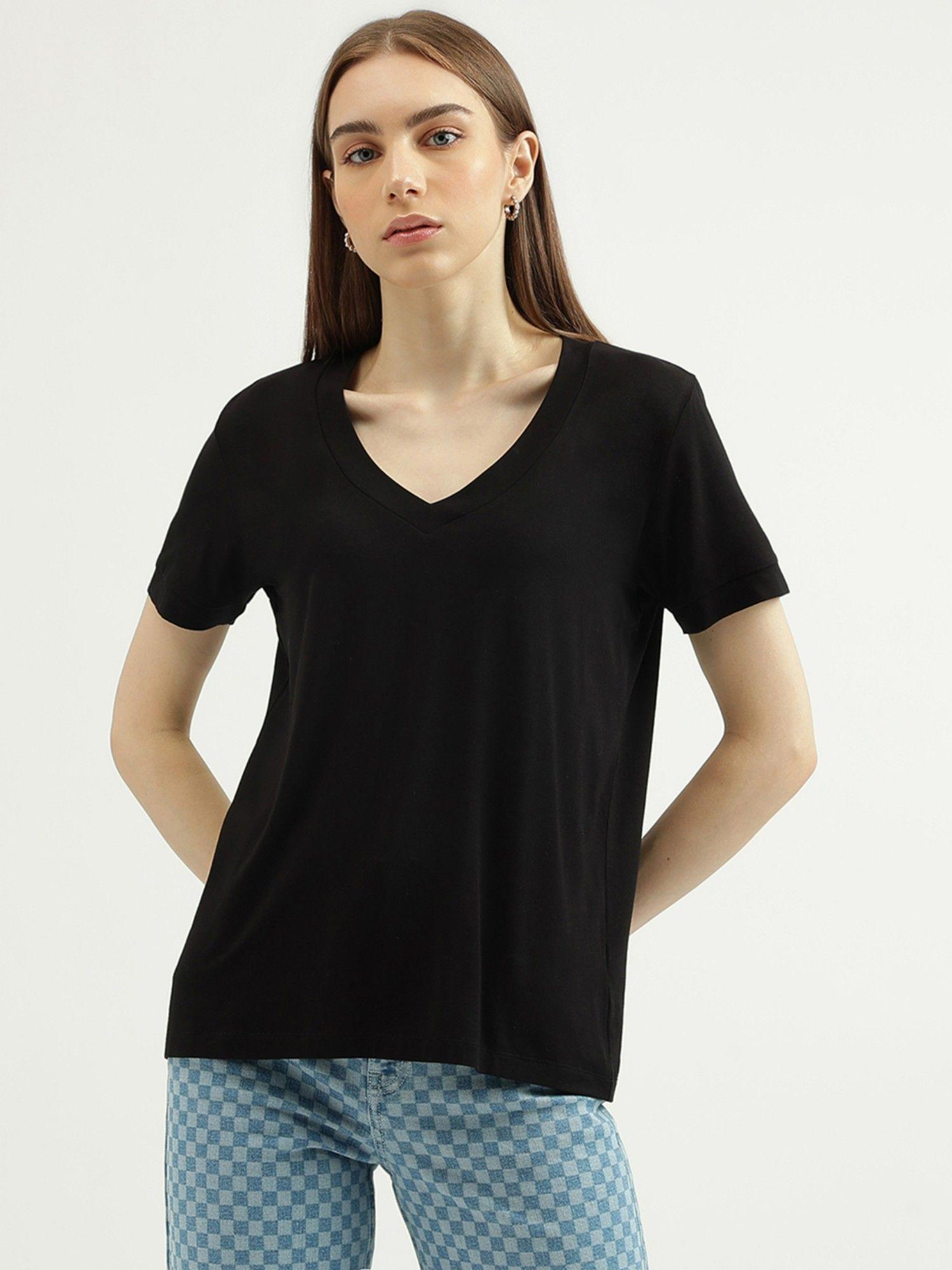 womens regular fit v neck solid t-shirt-black