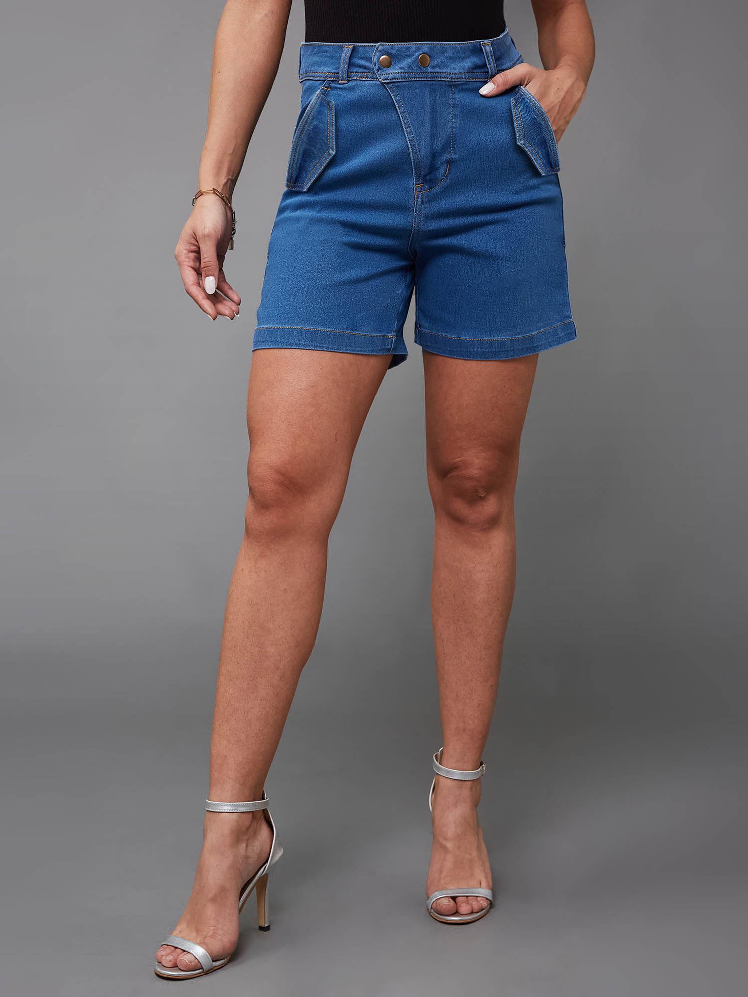 womens relaxed fit mid rise clean look stretchable blue denim bermuda shorts