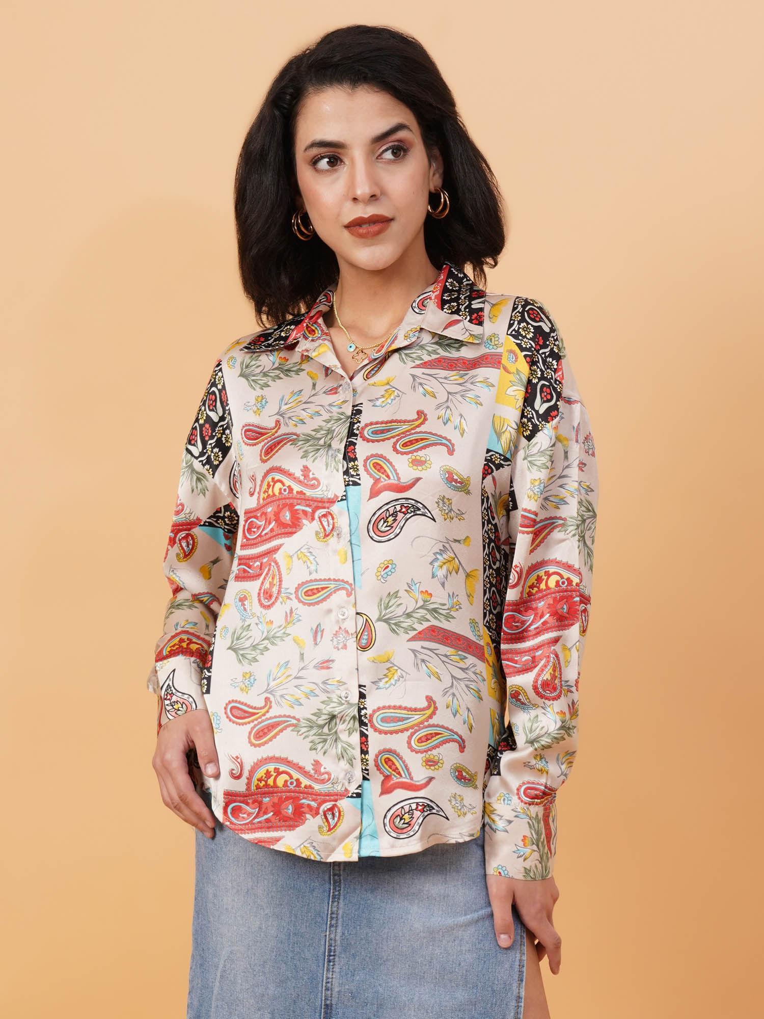 womens relaxed fit printed spread collar casual shirt