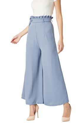 womens relaxed fit solid pleated wide leg flare trouser - blue