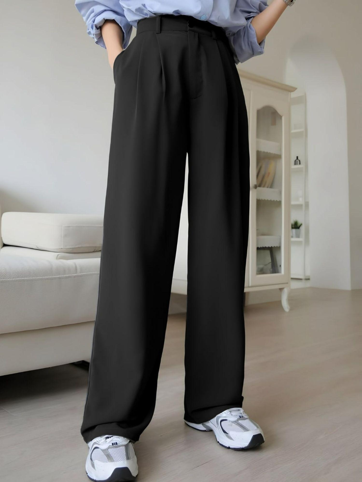 womens relaxed korean front pleated pants black