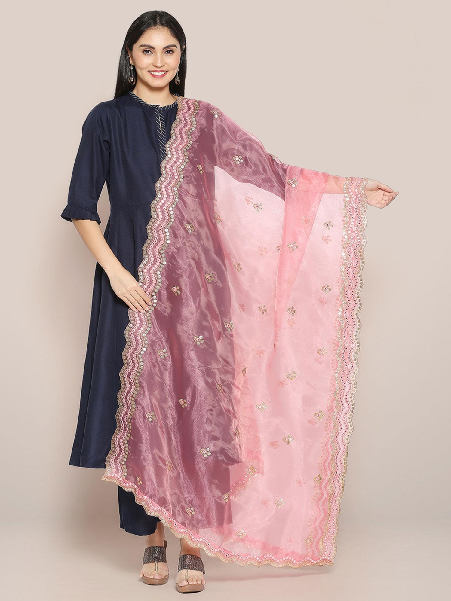 womens rose pink embroidered glass tissue dupatta