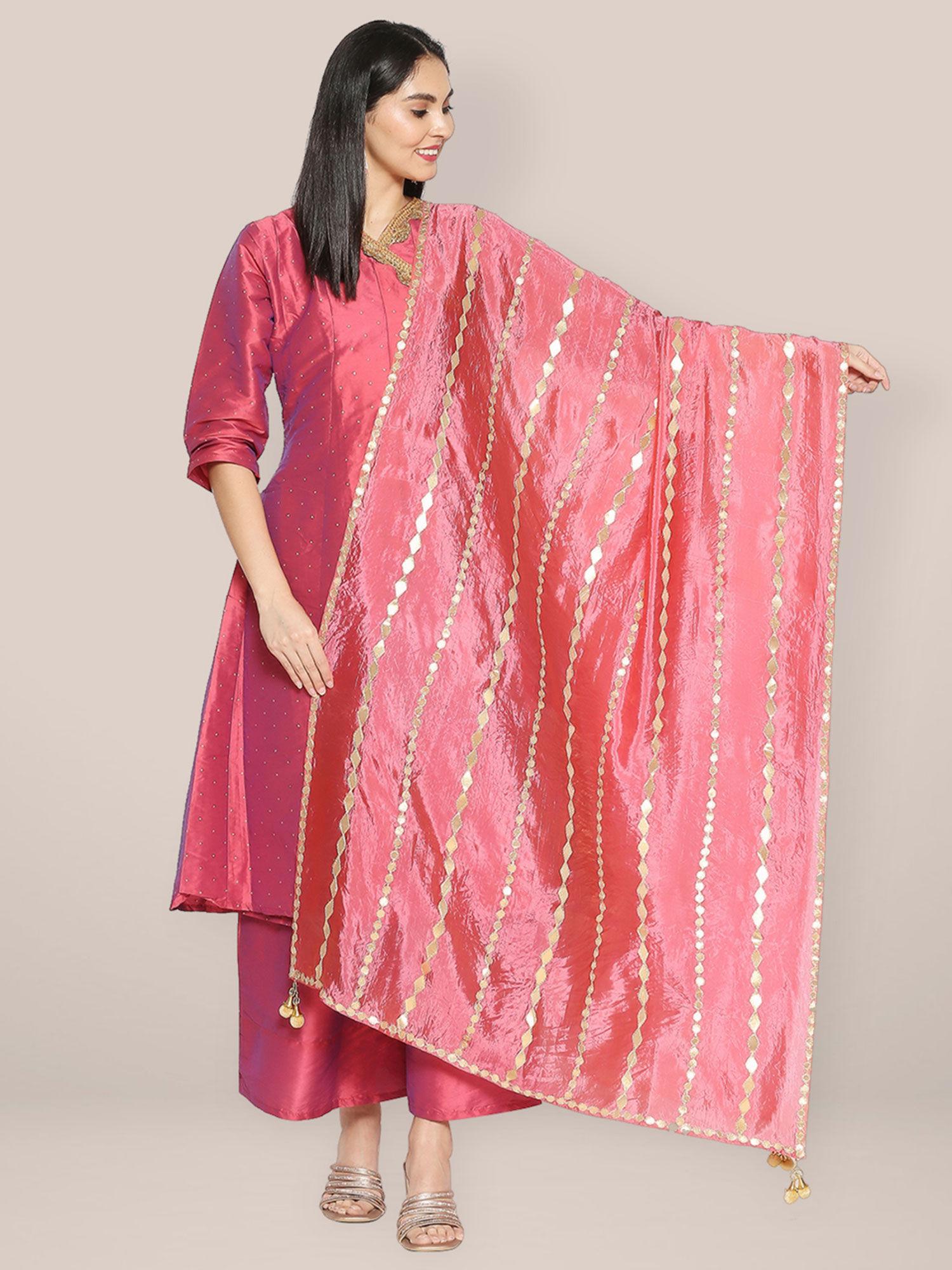 womens rose pink silk dupatta with gotta patti work