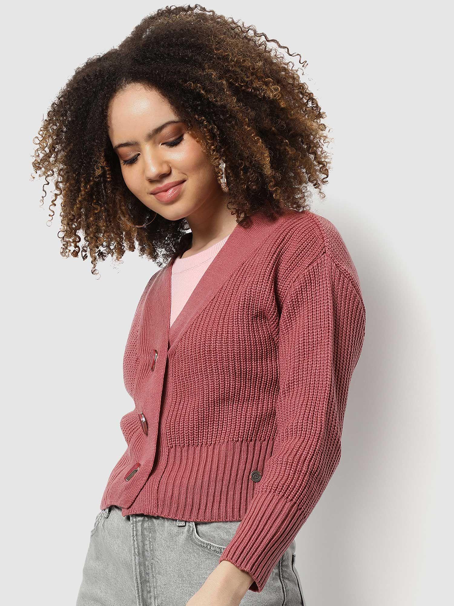 womens rosy pink ribbed sweater