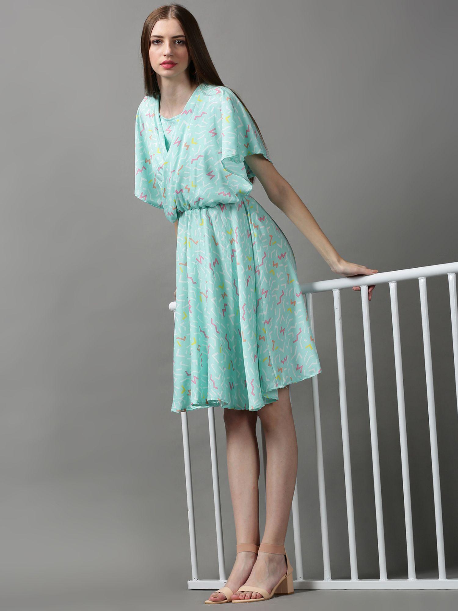 womens round neck abstract sea green knee length dress