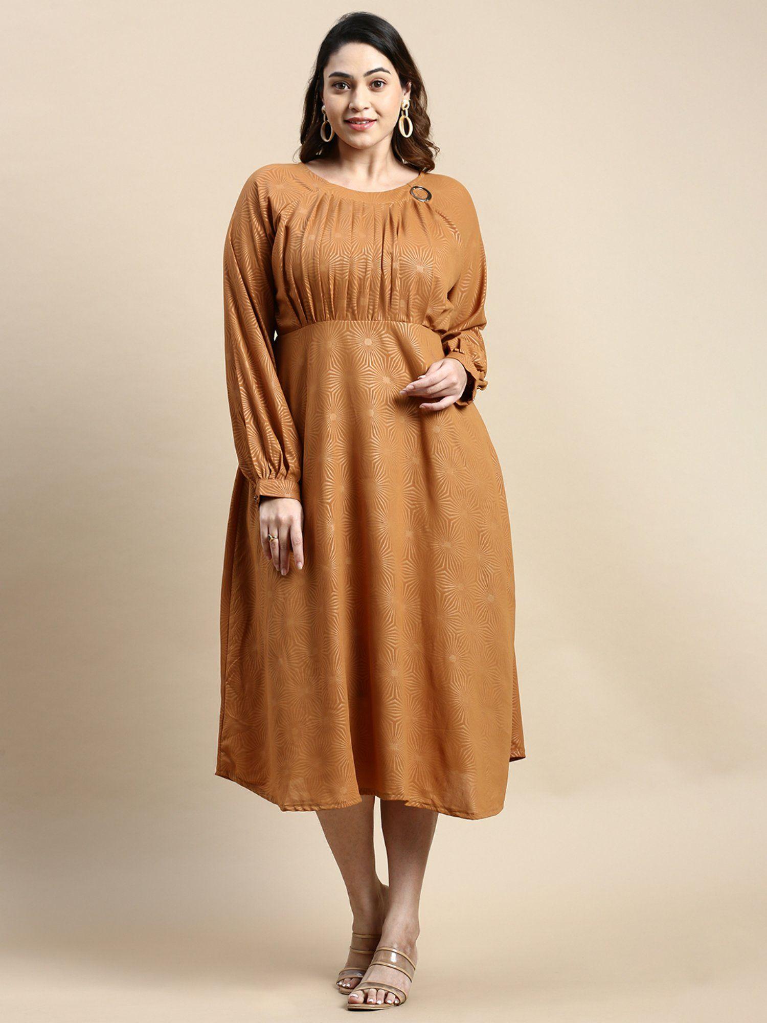 womens round neck bishop sleeves camel brown geometric fit and flare dress