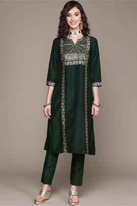 womens round neck chinon straight kurta and pant set - green