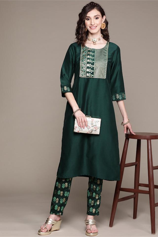 womens round neck chinon straight kurta and pant set