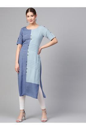 womens round neck colour block kurta - blue