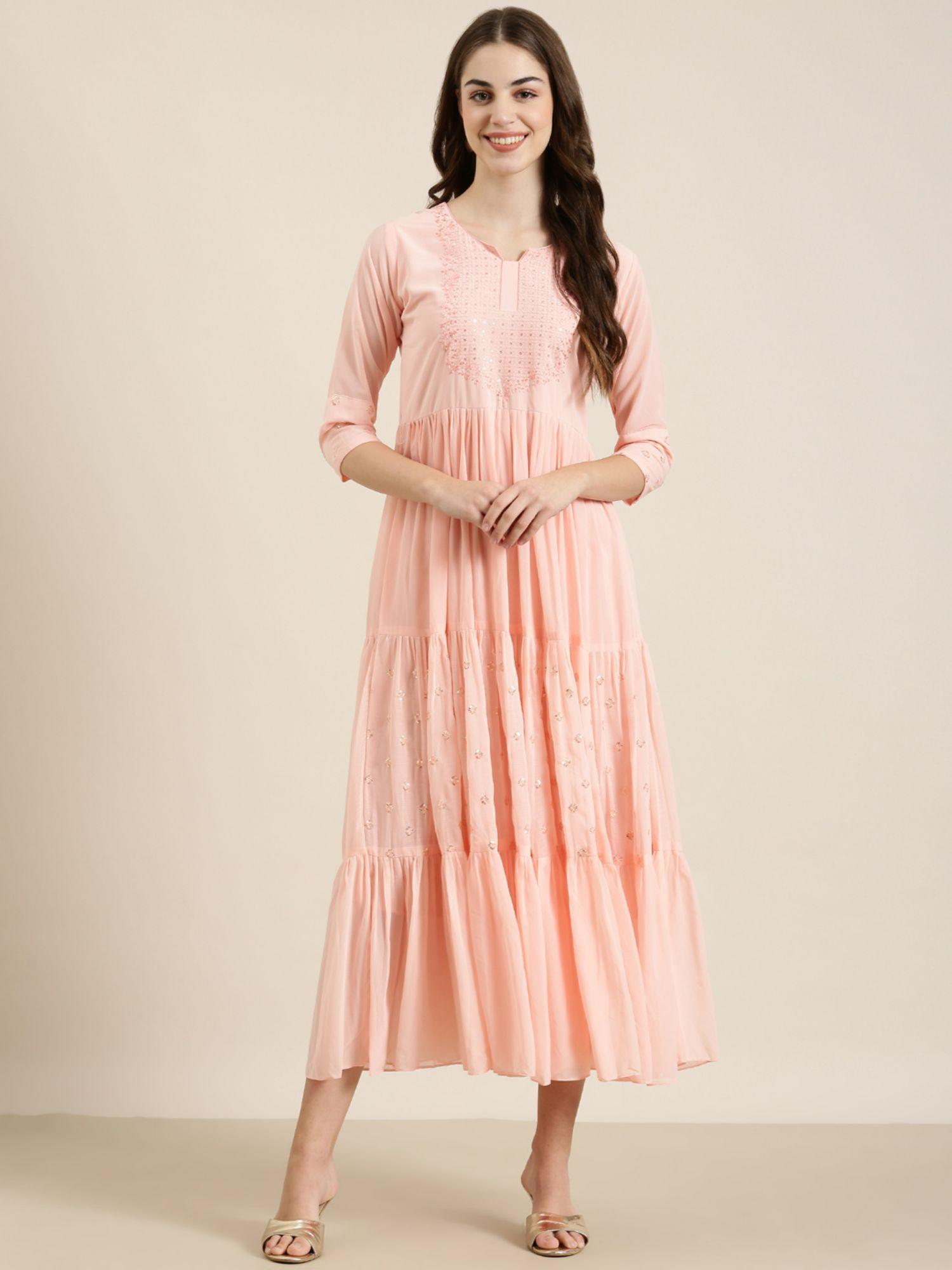 womens round neck embellished three quarter sleeves empire peach maxi dress