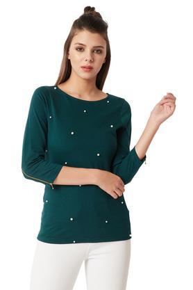 womens round neck embellished top - green