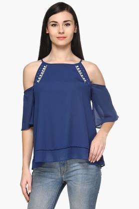 womens round neck embellished top - mid blue