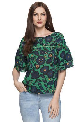 womens round neck floral lace trimming printed top - green