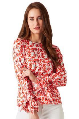 womens round neck floral print top - multi