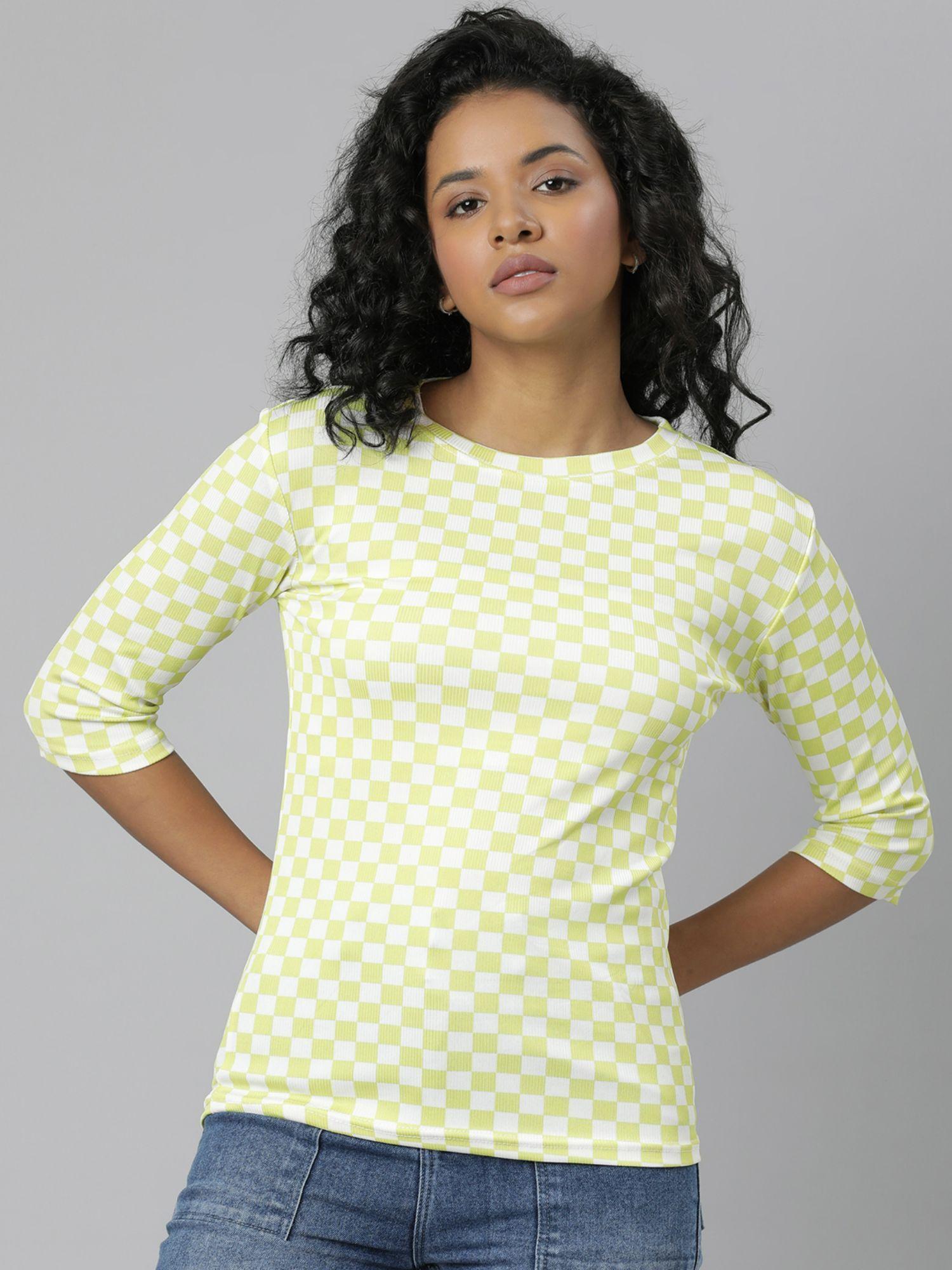 womens round neck lime green slim fit checked regular t-shirt