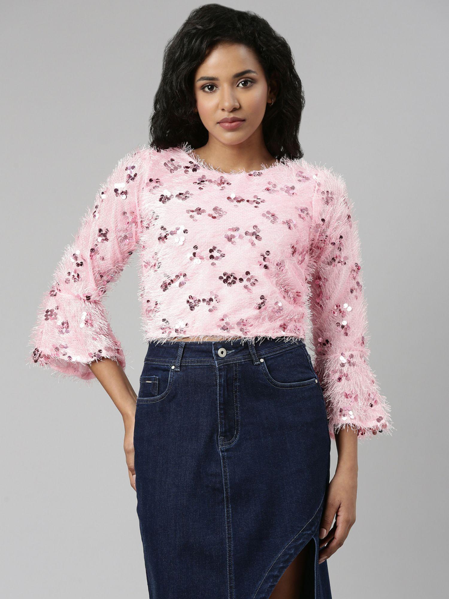 womens round neck pink embellished crop top