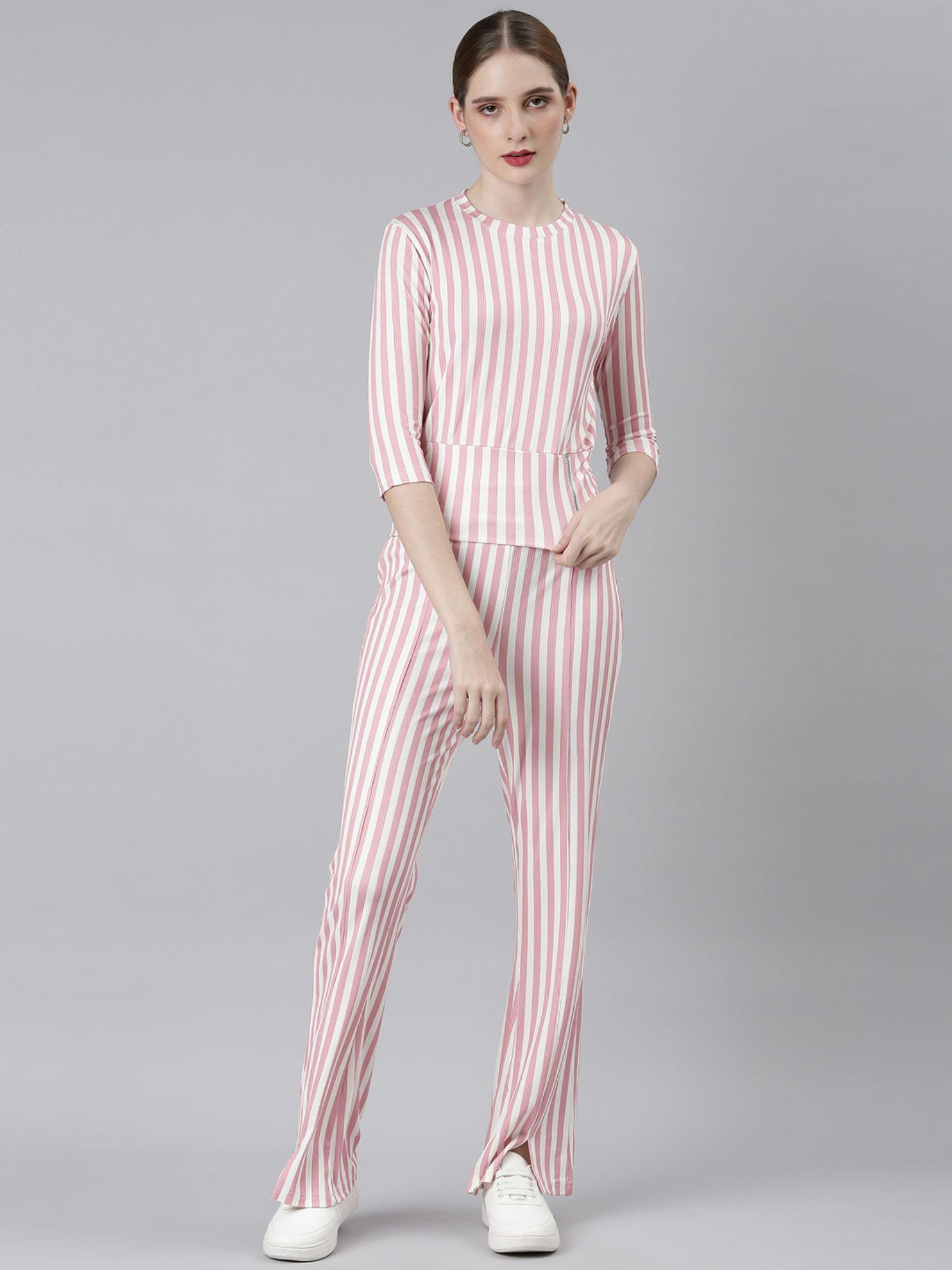 womens round neck pink three quarter sleeves striped co-ord (set of 2)