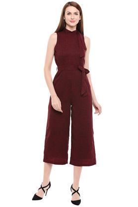 womens round neck printed jumpsuit - wine