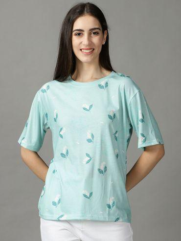 womens round neck printed sea green regular top