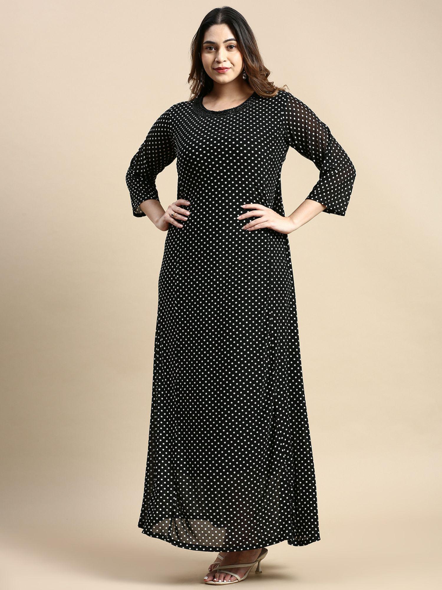 womens round neck regular sleeves black polka dots a-line dress