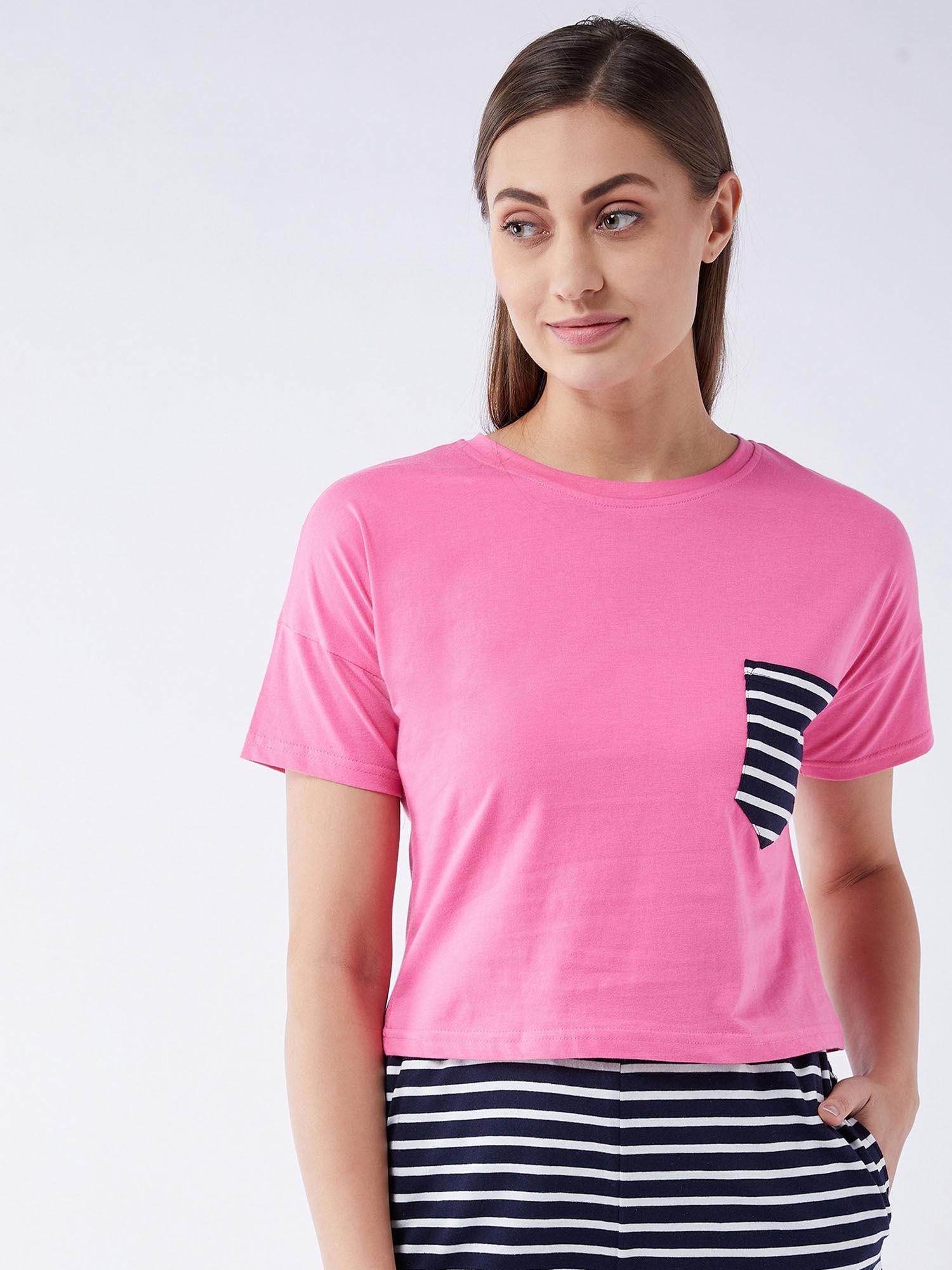 womens round neck short sleeve solid crop length t-shirt - pink