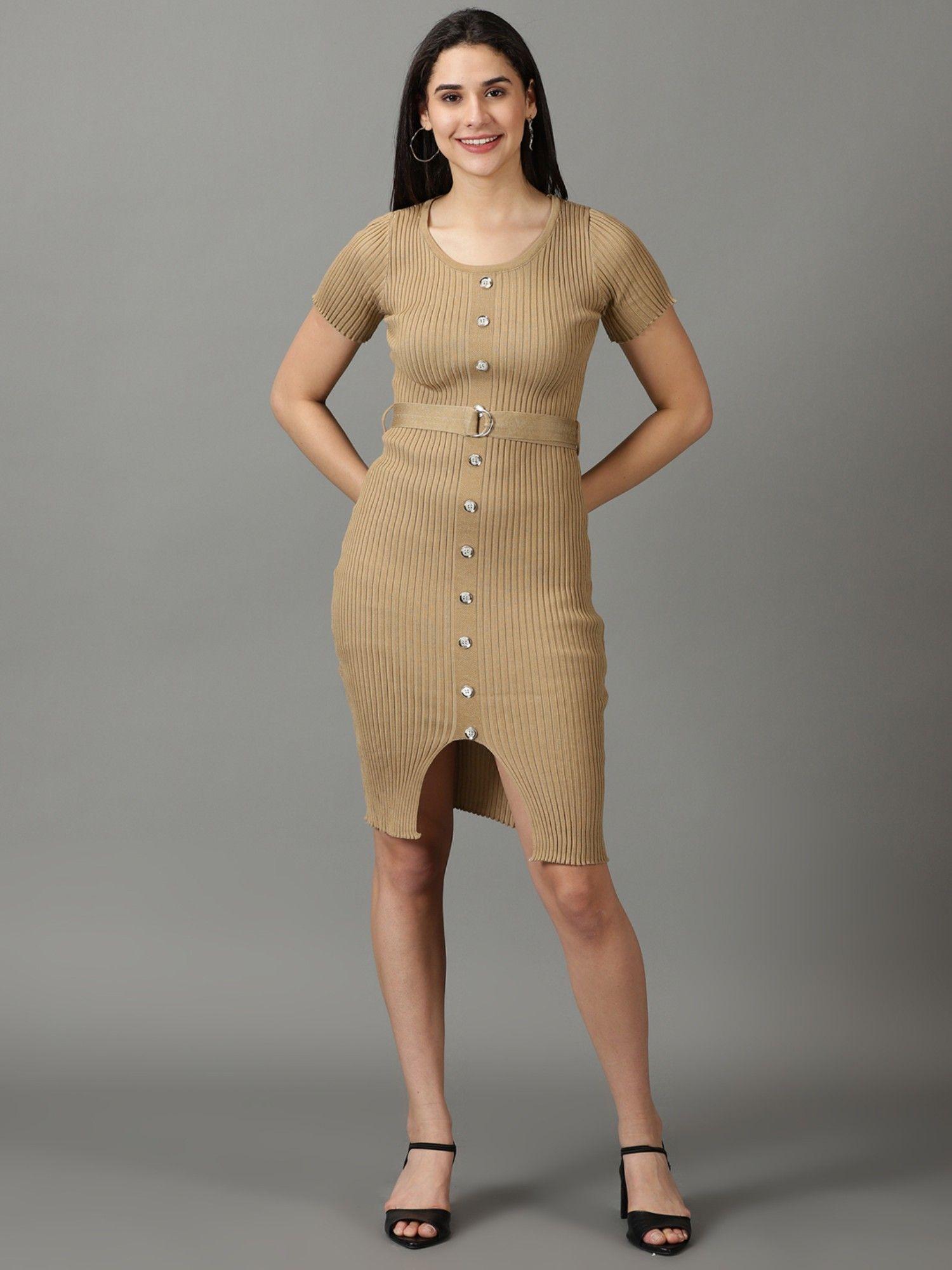 womens round neck solid bodycon khaki dress with belt (set of 2)