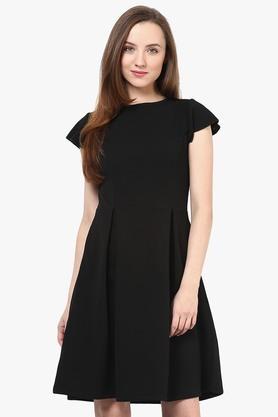 womens round neck solid dress - black