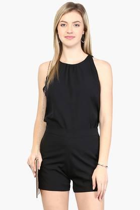 womens round neck solid jumpsuit - black