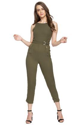womens round neck solid jumpsuit - olive