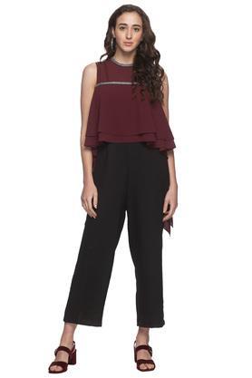 womens round neck solid layered jumpsuit - wine