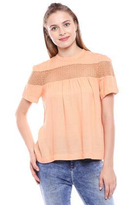 womens round neck solid top - peach