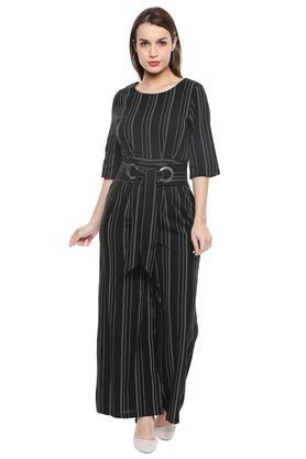 womens round neck stripe jumpsuit with belt - black